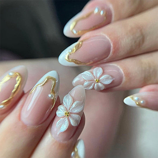 Floral Dreams Long Almond Transparent with Gold Accents and Stunning Floral Details Press On Nail Set
