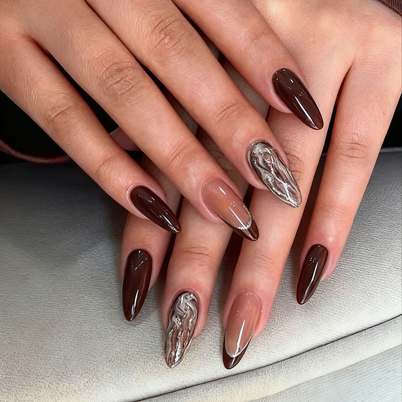 Elegant Enchantment Long Almond Dark Brown and Soft Beige with Metallic Marble Accent Press On Nail Set