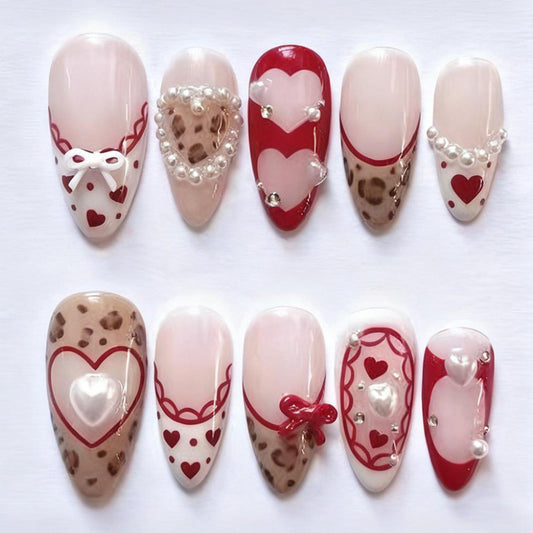 Romantic Heartfelt Long Almond Red and Beige Press on Nail Set with Pearl Accents and Cheerful Bows