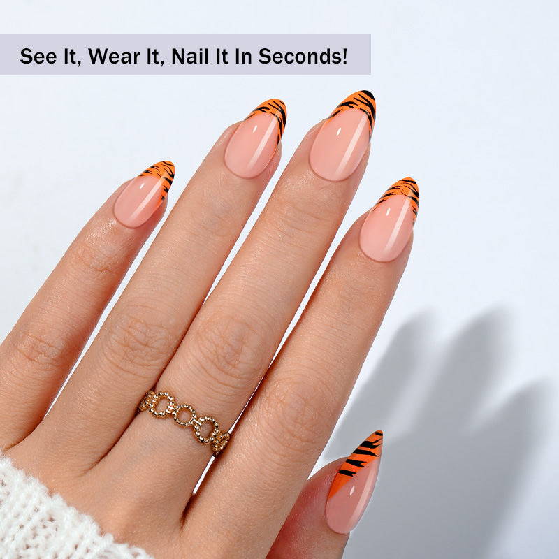 Wild Safari Elegant Long Almond Shaped Apricot Nails with Striking Tiger Stripe Tips