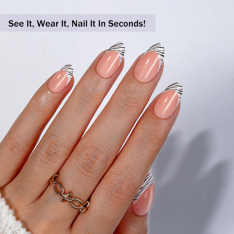 Chic Zebra Inspired Long Almond Shaped Blush Pink Press On Nail Set with Artistic Tip Design