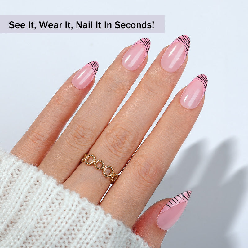 Chic Elegance Pink Medium Almond Press On Nail Set with Bold Striped Tips for Effortless Glamour
