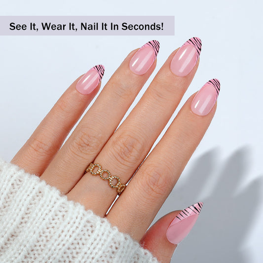 Chic Elegance Pink Medium Almond Press On Nail Set with Bold Striped Tips for Effortless Glamour