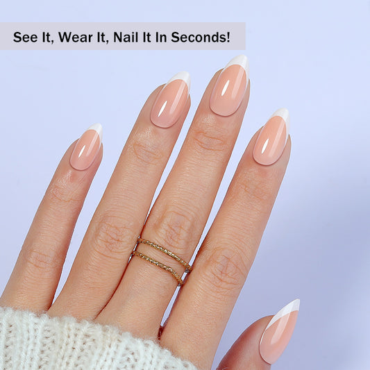 Elegant Floral Dream Medium Almond Pink with Chic White Tips Easy Application Press On Nail Set
