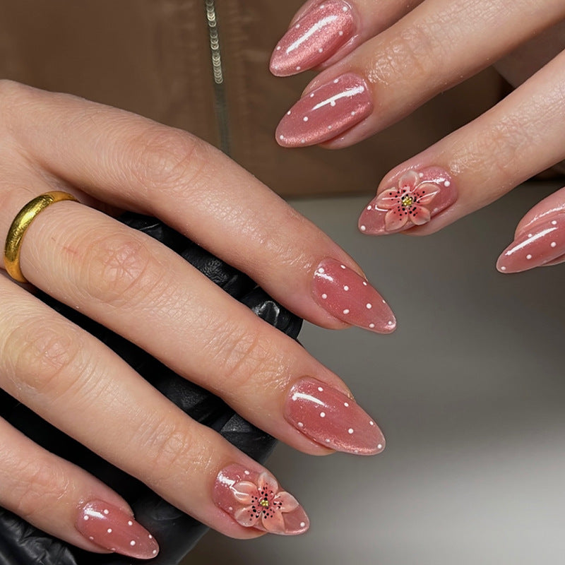 Blossom Dream Medium Almond Pink Glitter with Floral Design Press On Nail Set