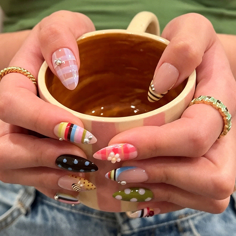 Whimsical Garden Medium Almond Multi-Color Nail Set with Unique Artistic Designs