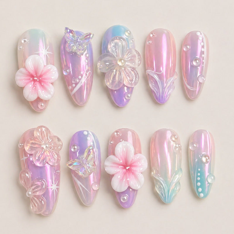 Whimsical Floral Medium Almond Iridescent Press On Nail Set with Butterfly Accents