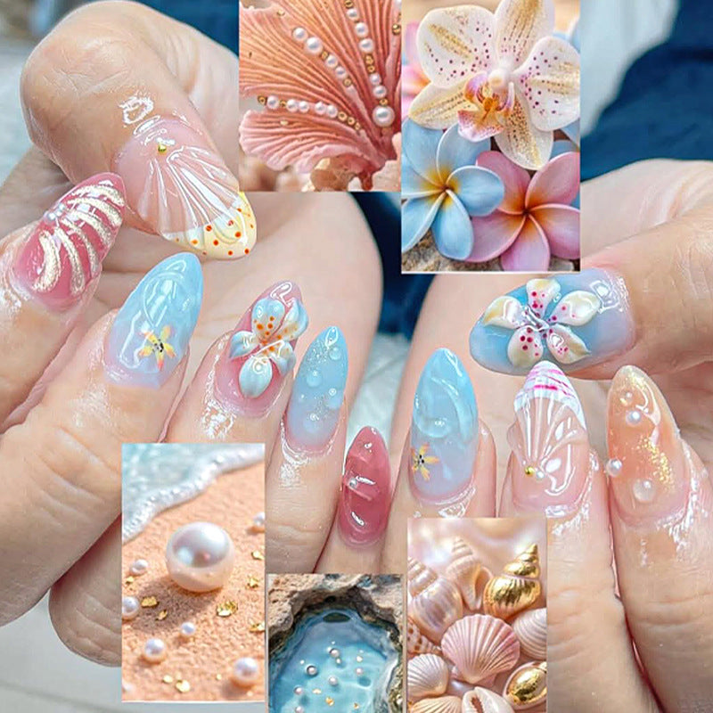Oceanic Delight Medium Almond Blue Pearl Accents Press On Nail Set