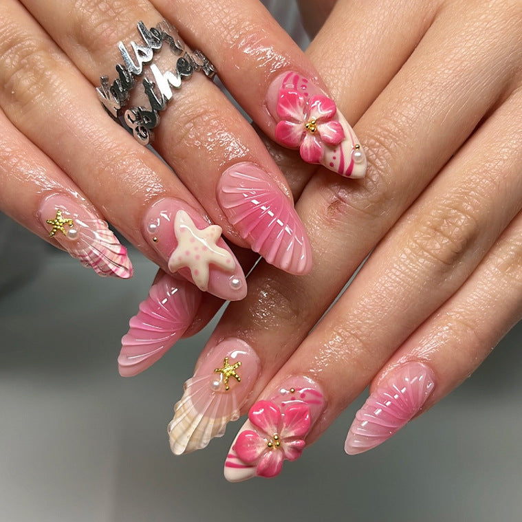 Tropical Bliss Long Almond Pink Floral Design Press On Nail Set