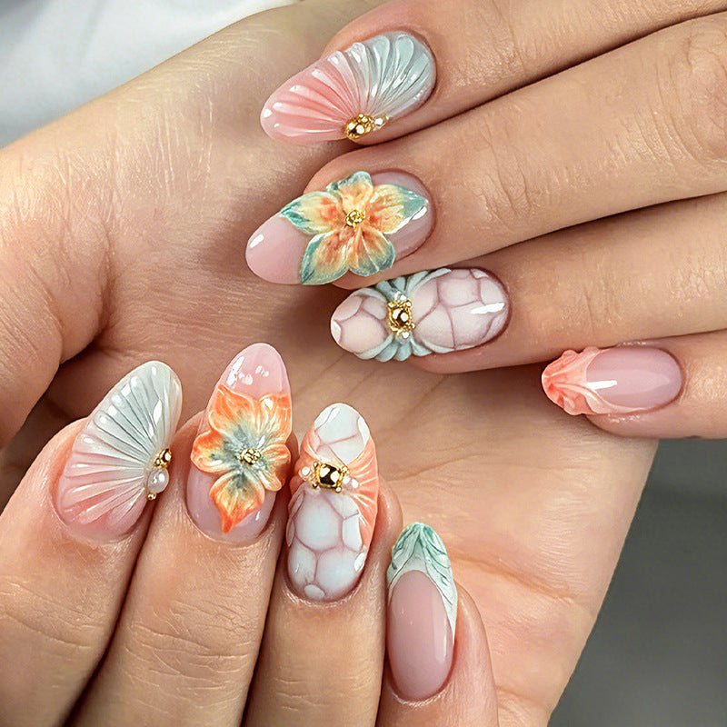 Tropical Blossom Medium Almond Pink and Blue Floral Design Press on Nail Set