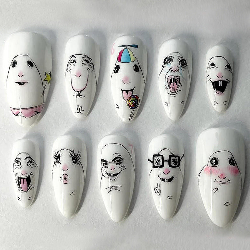 Whimsical Charm Medium Almond White Nail Set with Fun Face Designs