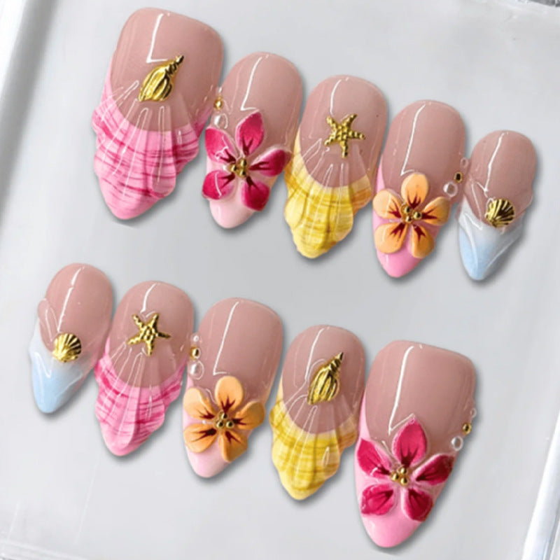 Tropical Bliss Medium Almond Pink Floral Accent Press-On Nail Set