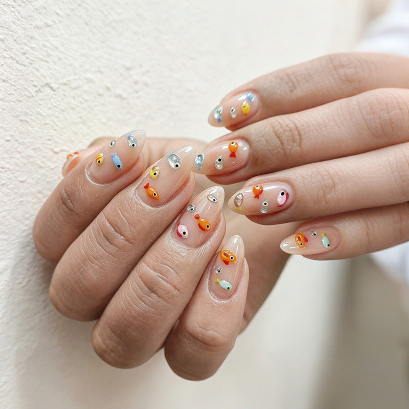 Whimsical Underwater Adventure Medium Almond Multicolored Fish and Gemstone Press On Nail Set