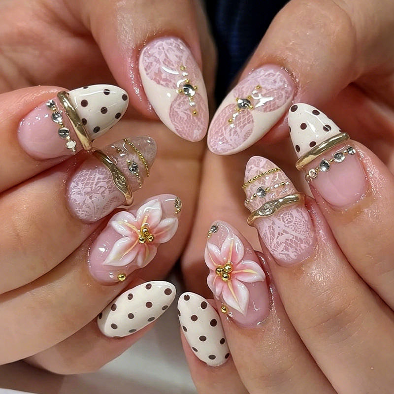 Charming Floral Medium Almond Pink Design with Elegant Embellishments Press on Nail Set