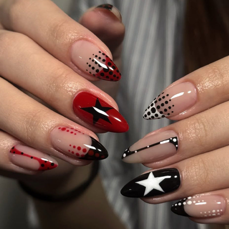 Starry Night Medium Almond Red and Black with Dotted Design Press on Nail Set