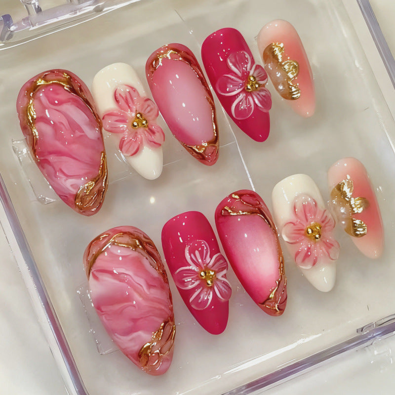 Blossom Dream Medium Almond Pink Floral Design Press On Nail Set