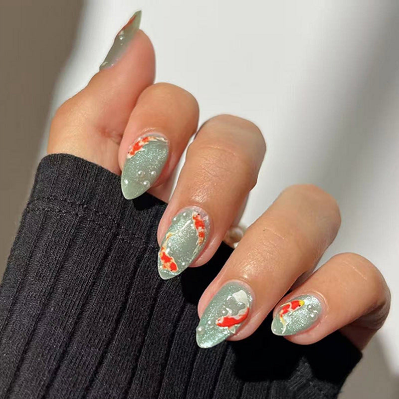 Koi Pond Serenity Medium Almond Green with Unique Fish Design Press On Nail Set