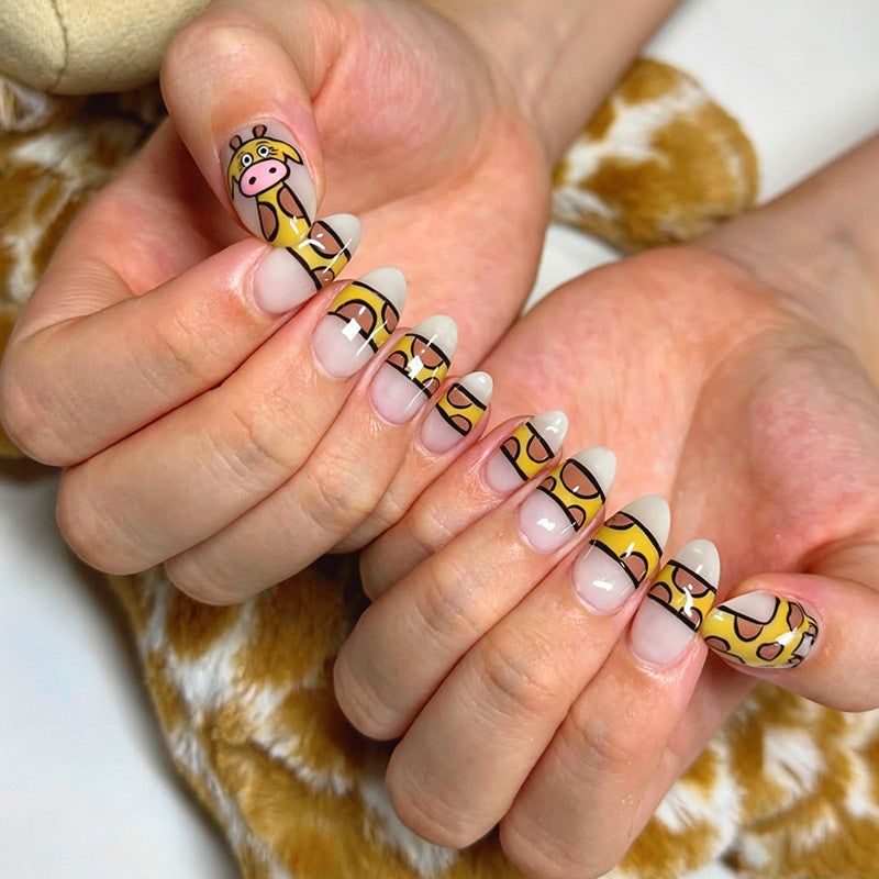 Playful Giraffe Print Medium Almond Yellow and Brown Nail Set
