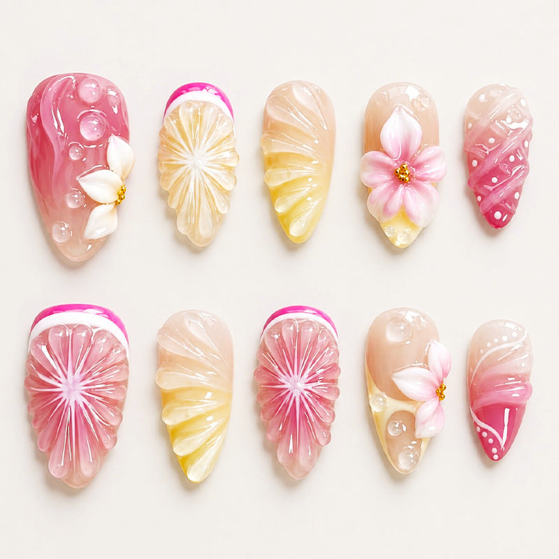 Blossom Delight Medium Almond Pink Ombre Floral Art Press-On Nail Set