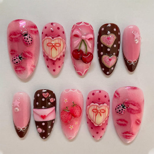 Sweet Romance Press On Nail Set Long Almond Pink with Artistic Ladybug and Strawberry Decor