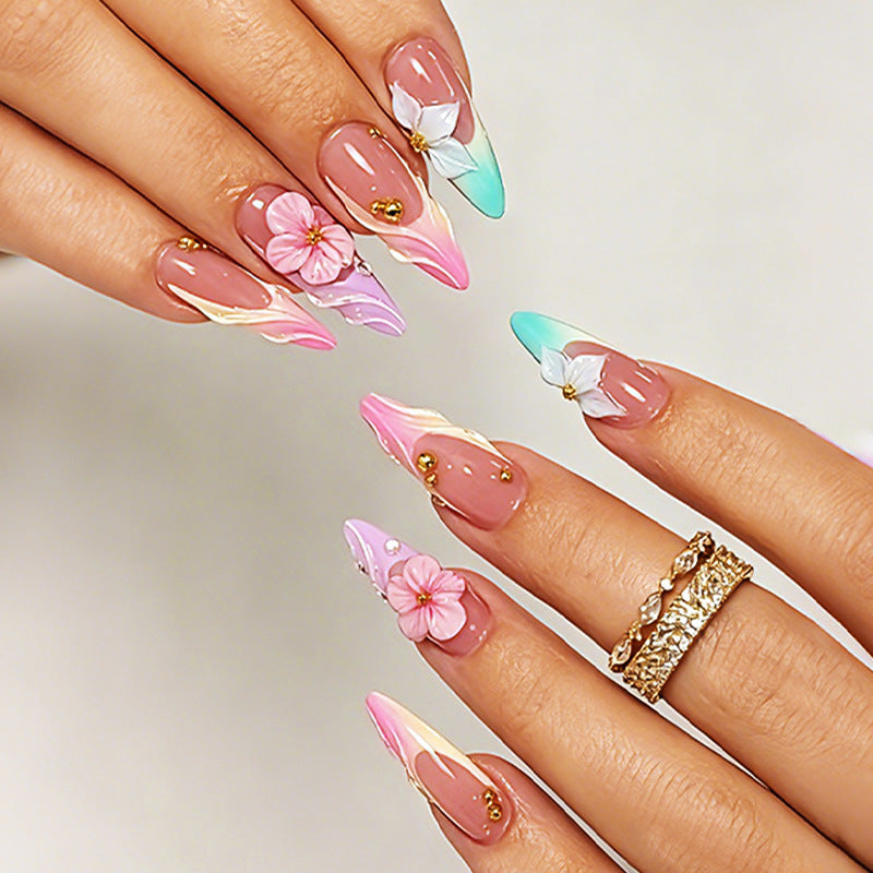 Blossom Fantasy Medium Almond Pink Ombre with Floral Accents Press-On Nail Set