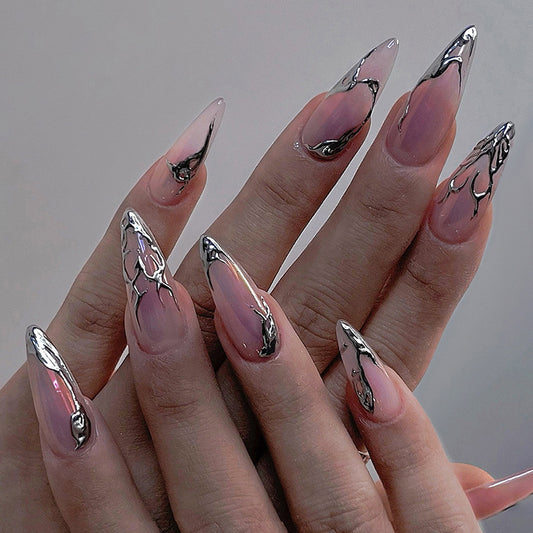 Elegant Nature Inspired Long Stiletto Pink Press On Nail Set with Metallic Leaf Detailing