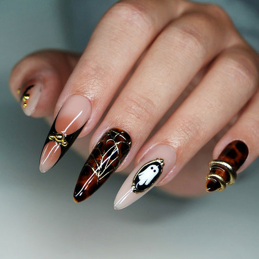 Mystical Elegance Long Stiletto Shaped Amber Brown Glossy Finish with Intricate Halloween Inspired Accents Nail Set