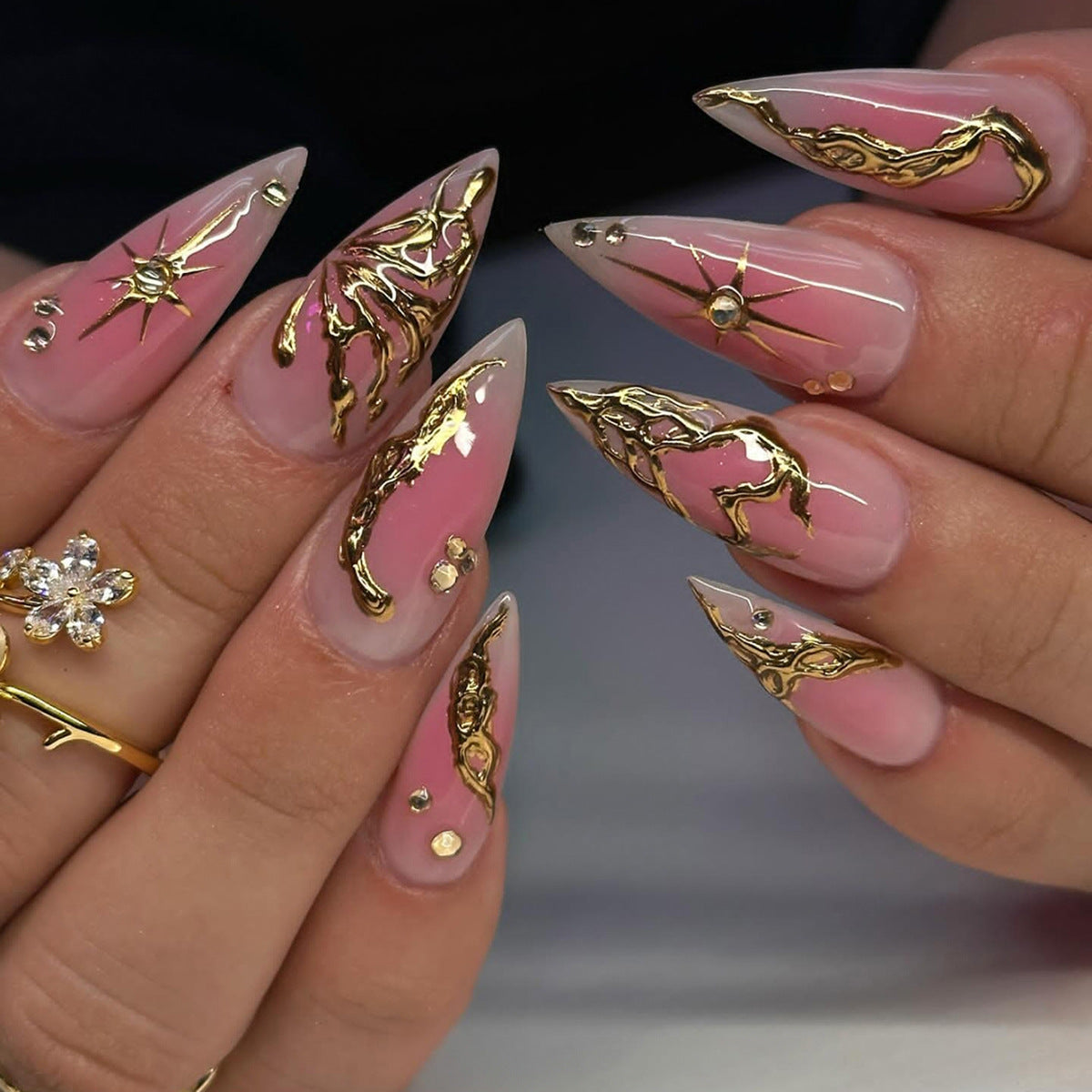 Celestial Dreaming Flared Long Stiletto Pink and Gold Metallic Press on Nail Set with Dazzling Embellishments