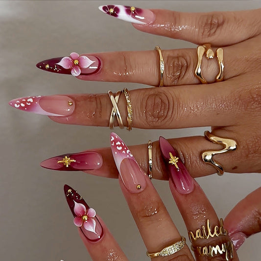 Floral Fantasy Long Stiletto Ombre Pink with Elegant Flower Design Press on Nail Set