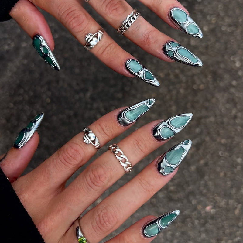 Enchanting Vintage Long Stiletto Green Mosaic Twist Press On Nail Set