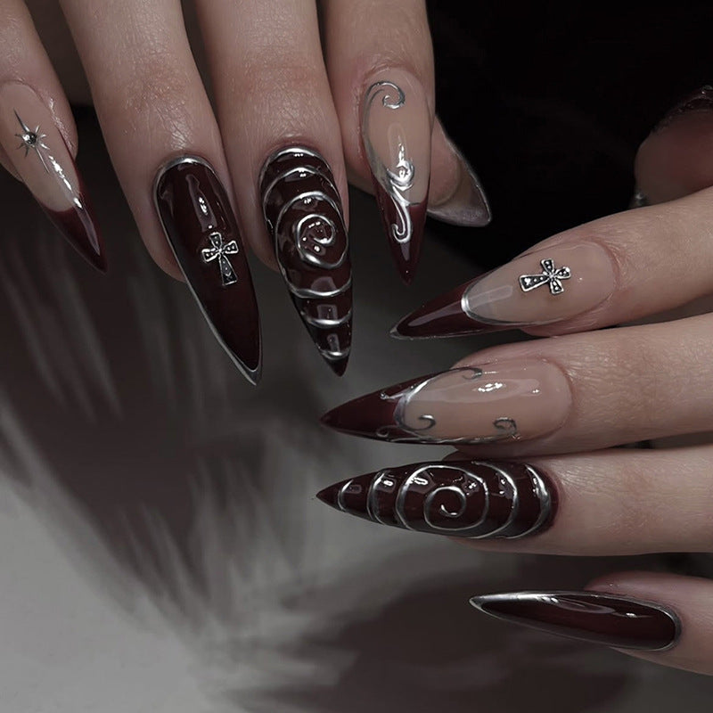 Mystical Elegance Long Stiletto Burgundy and Clear Nails with Intricate Silver Designs
