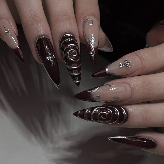 Mystical Elegance Long Stiletto Burgundy and Clear Nails with Intricate Silver Designs