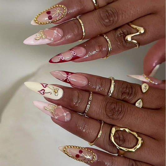 Charming Romance Long Stiletto Shaped Pink and Red Press On Nail Set with Playful Floral Design