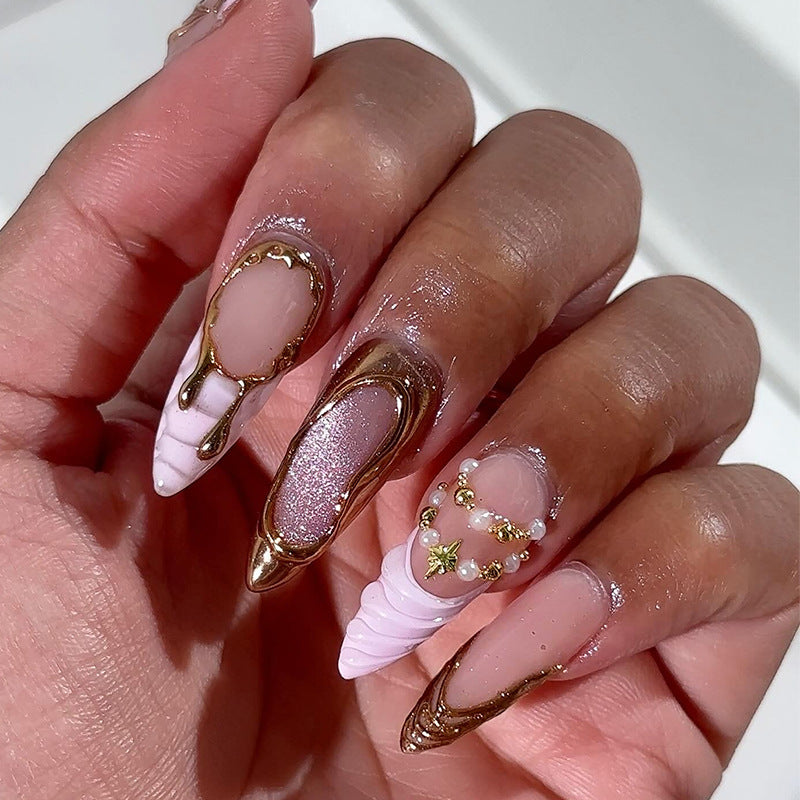 Underwater Treasure Elegant Long Stiletto Pink and Gold Accent Press on Nail Set