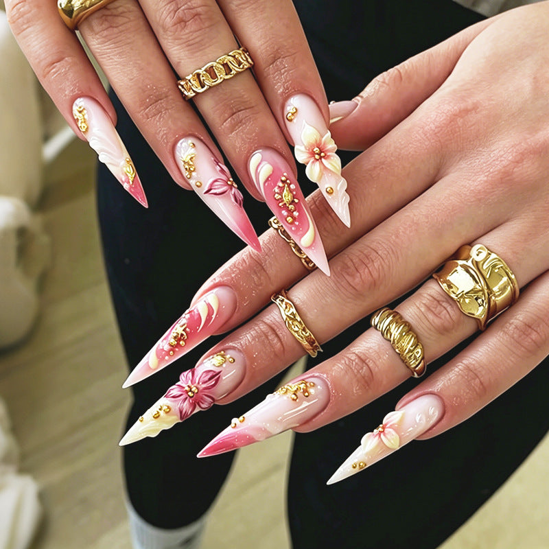Elegant Floral Fantasy Medium Almond Pink Ombre with Intricate Blossoms and Gold Accents Press On Nail Set