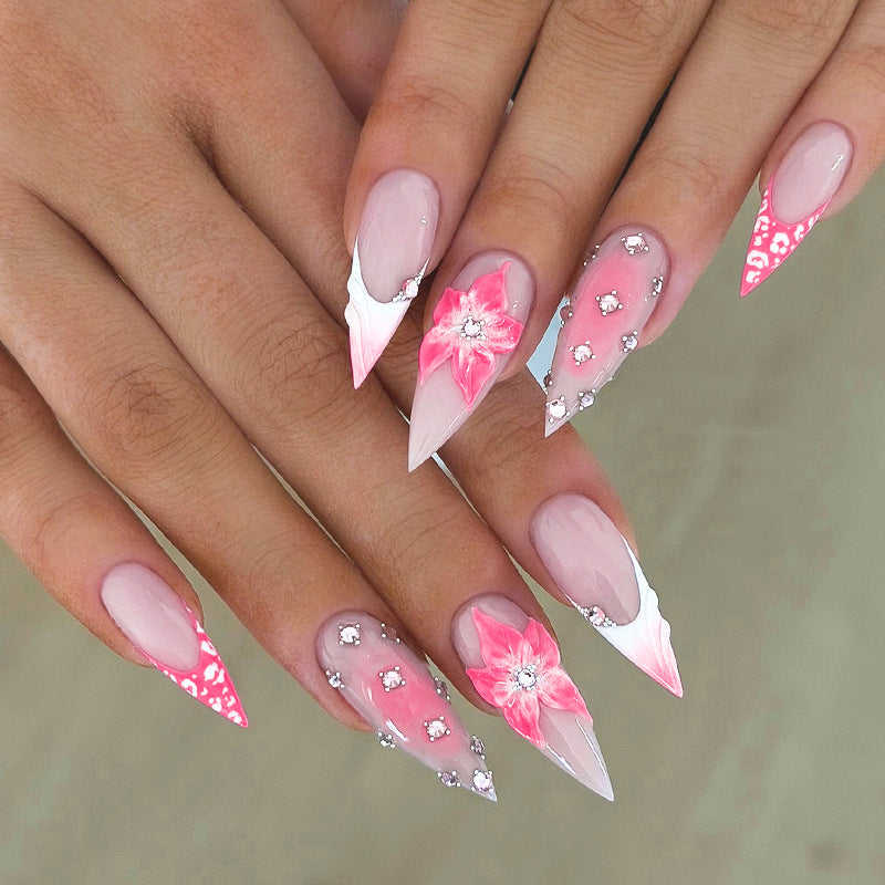Glamorous Floral Fantasy Medium Stiletto Pink with Glittering Embellishments Press-On Nail Set