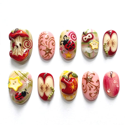 Whimsical Garden Short Oval Pink with Playful Ladybug Design Press On Nail Set
