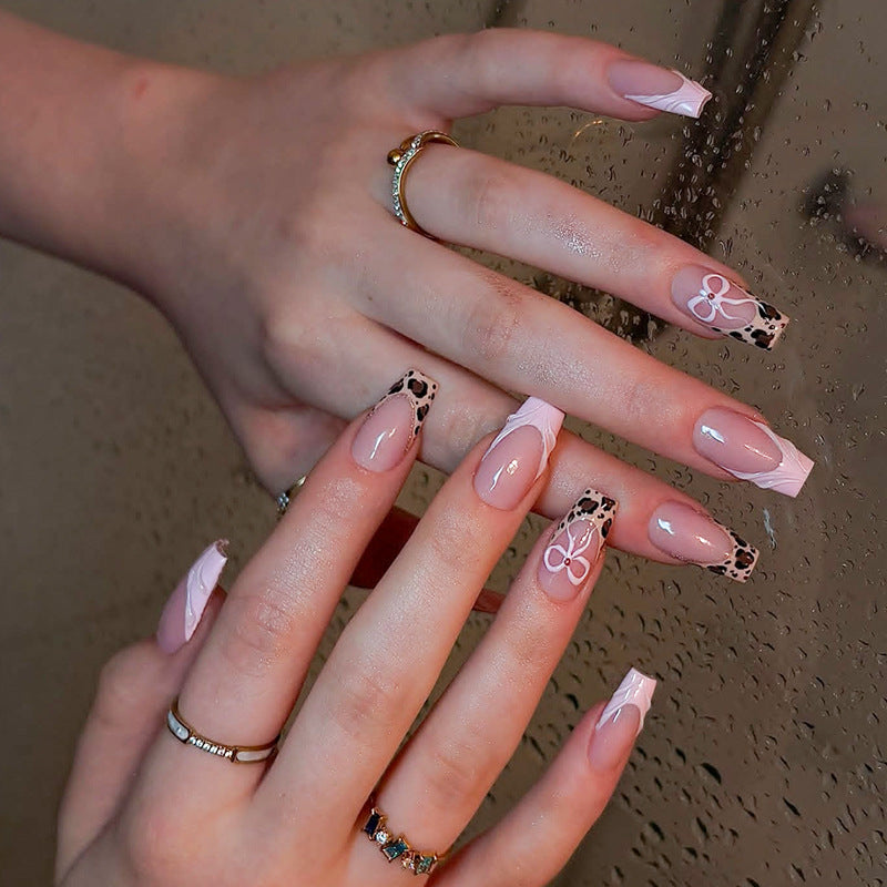 Chic Safari Medium Coffin Pink with Leopard Print Accent and Floral Design Press On Nail Set