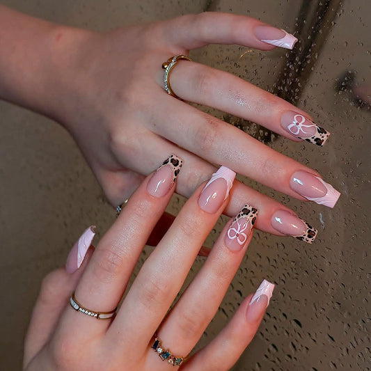 Chic Safari Medium Coffin Pink with Leopard Print Accent and Floral Design Press On Nail Set