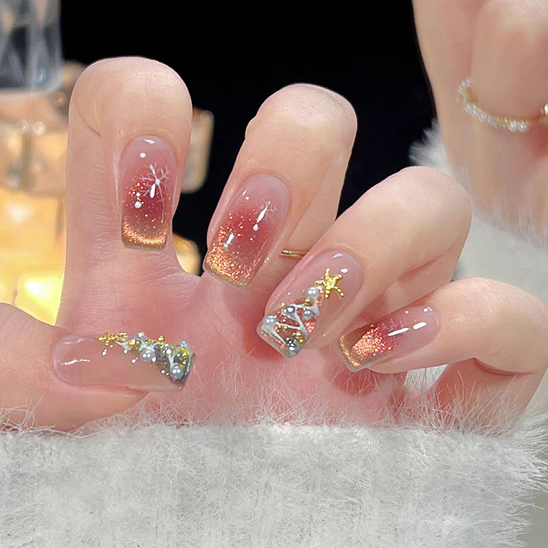 Festive Glamorous Medium Square Press On Nail Set in Long Gradient Peach with Sparkling Holiday Accents