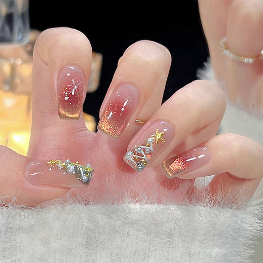 Festive Glamorous Medium Square Press On Nail Set in Long Gradient Peach with Sparkling Holiday Accents