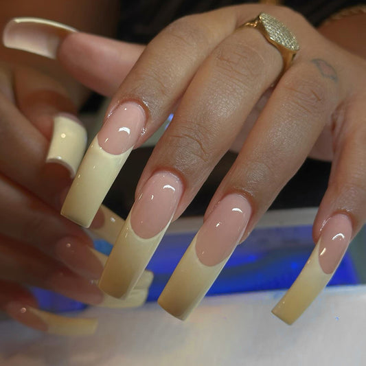 Elegant Sunset Dream Long Square Beige and Ombre Glossy Press On Nail Set