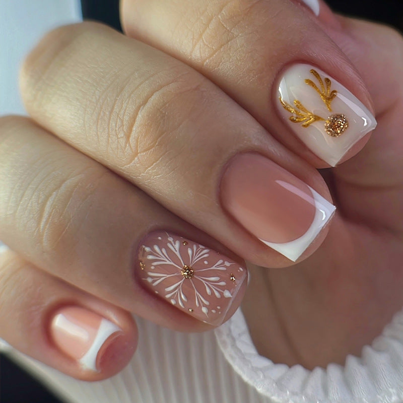 Bohemian Blossom Short Square Beige Elegance with Delicate Floral Accents