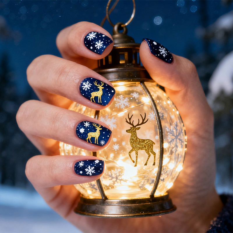 Winter Wonderland Shaped Press-On Nail Set in Short Square Design Midnight Blue with Sparkling Reindeer Accents