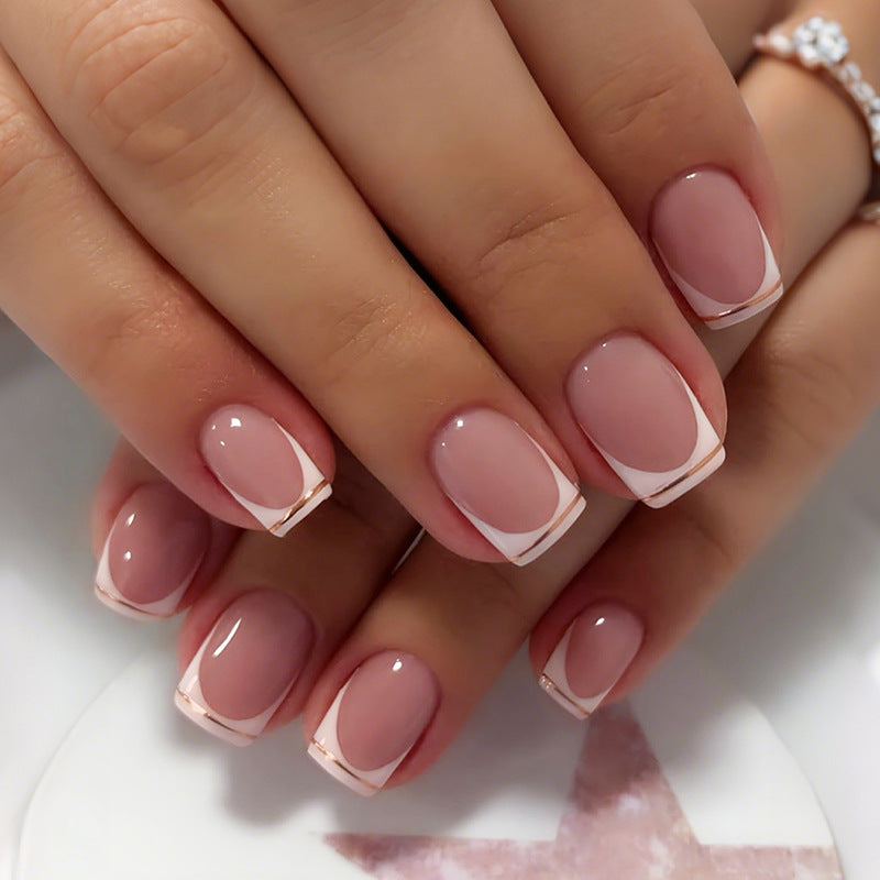 Elegance Unleashed Short Square Pink Press On Nail Set with Gold Trim