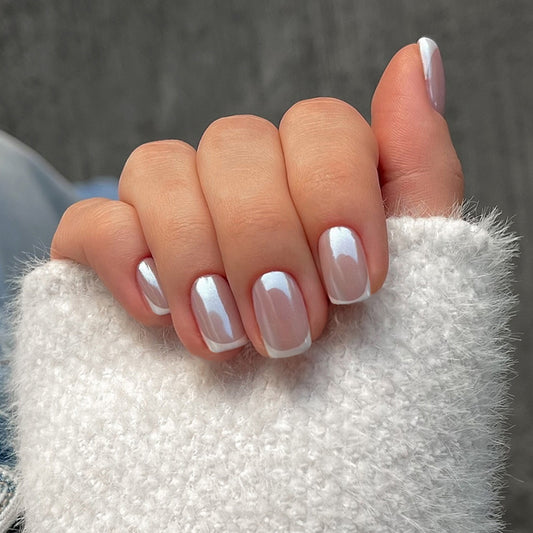Celestial Dreaming Short Square White with Iridescent Shine Press On Nail Set