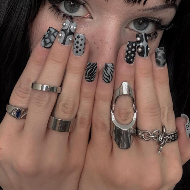 Glamorous Monochrome Medium Square Nails with Textured Accents