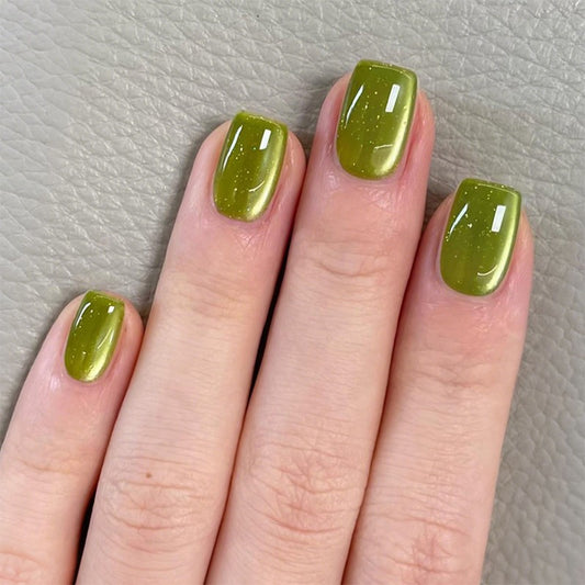 Enchanted Forest Short Square Olive Green Glitter Press On Nail Set