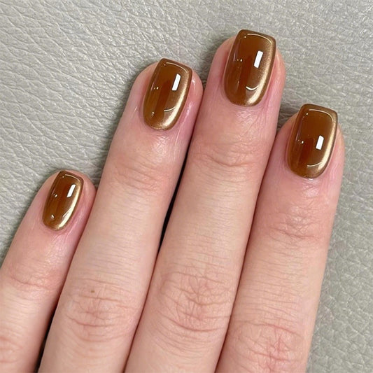 Autumn Glow Short Square Warm Brown Nail Set with Glossy Finish