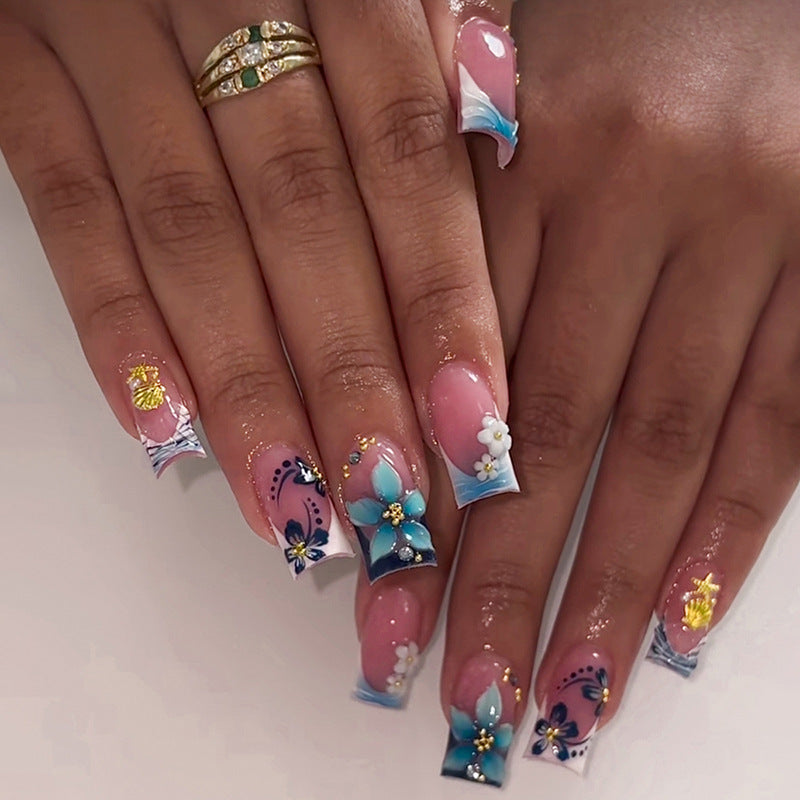 Tropical Paradise Long Square Blue Ombre Floral Press-On Nail Set with Glitter Accents